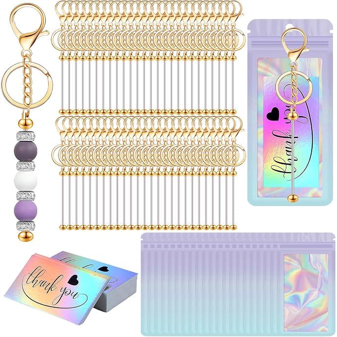 42/84/126 Pcs Beadable Keychain Bars Bulk Blank DIY Beaded Keychain Making Supplies with Bag Thank You Card