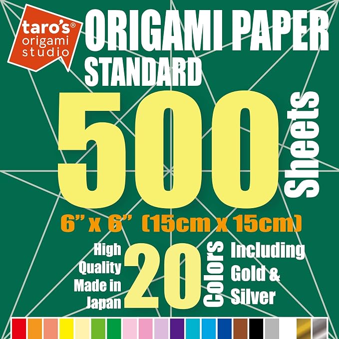 [Taro's Origami Studio] Standard 6 Inch One Sided 20 Colors 500 Sheets Square Easy Fold Premium Japanese Paper for Beginner (Gold and Silver Included) Made in Japan