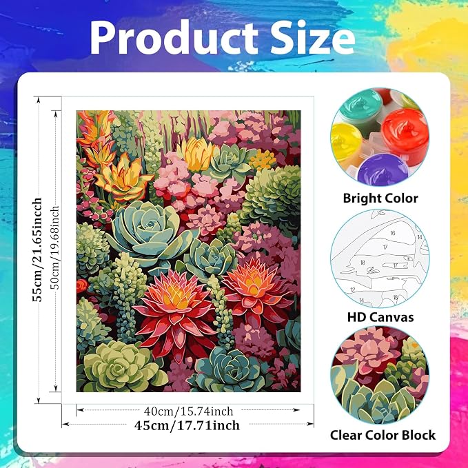xcemhil Succulents Paint by Numbers Kit for Adults Beginner, Succulents Paint by Number for Adult, Acrylic Paint by Numbers Kits Suitable for Home Wall Art Decor Gifts 16x20 Inch