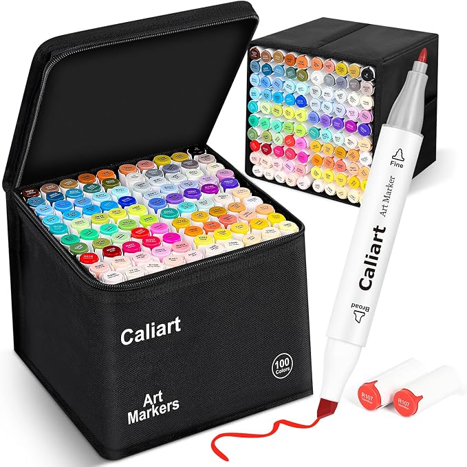 Caliart Alcohol Markers 100 Colors Dual Tip Fine & Chisel Art Markers Pens | Permanent Alcohol Based Sketch Markers Set with Case for Artists, Adults Coloring Books, Drawing Illustration (White Barrel)