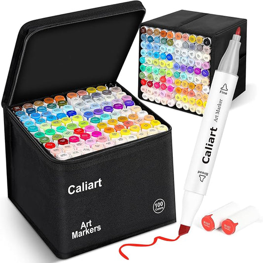 Caliart Alcohol Markers 100 Colors Dual Tip Fine & Chisel Art Markers Pens | Permanent Alcohol Based Sketch Markers Set with Case for Artists, Adults Coloring Books, Drawing Illustration (White Barrel)