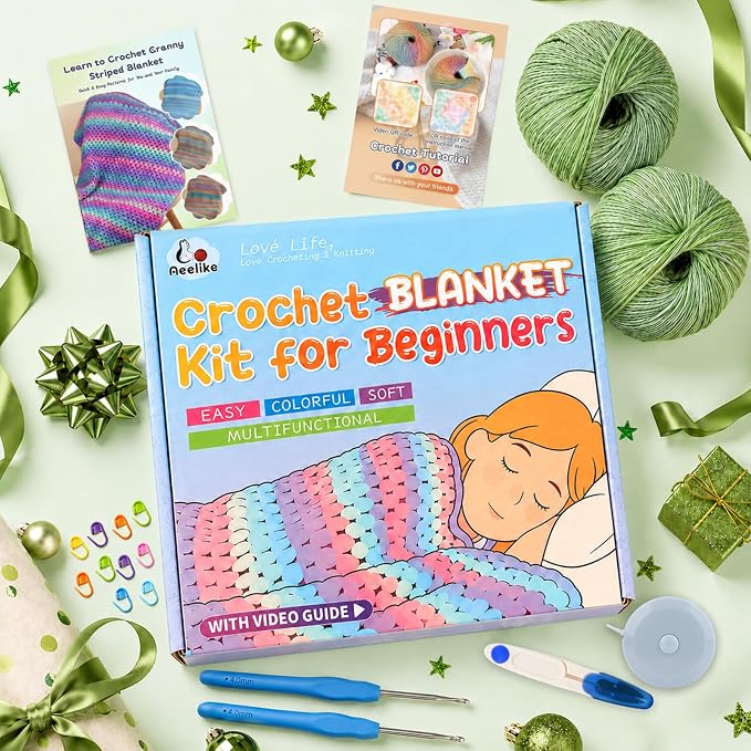 Aeelike Crochet Blanket Kit for Beginners, Easy Blanket Crochet Kits, Green