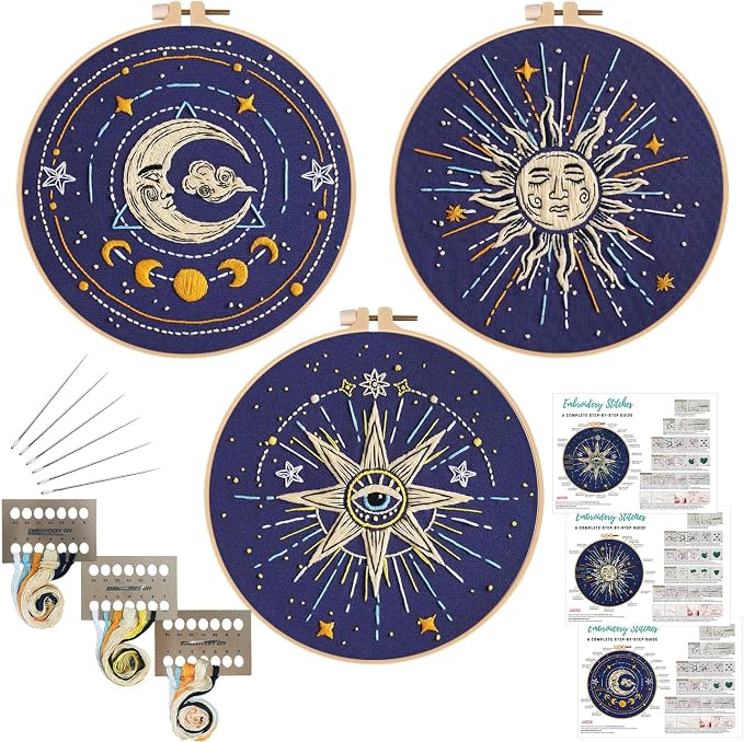 Louise Maelys 3 Pack Tarot Sun Moon Embroidery Kit for Beginners Celestial | Cross Stitch Kit for Adults, Complete Starters DIY Needlepoint Kit with Sun Moon Star Evil Eye Pattern and Instructions