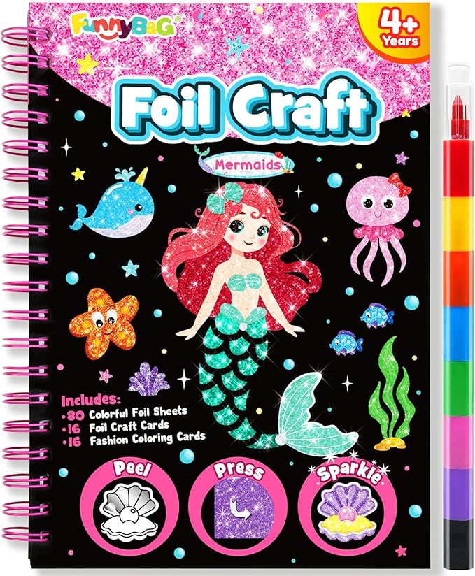 FUNNYB&G Foil Art Craft Kit for Kids, Sparkly Birthday Gift Toy for Girls | No Mess, Kids Ages 4-10 Create Sparkling Artwork, A Creative Gift for Birthdays, Holidays, Travel Activities,Screen-Free Fun