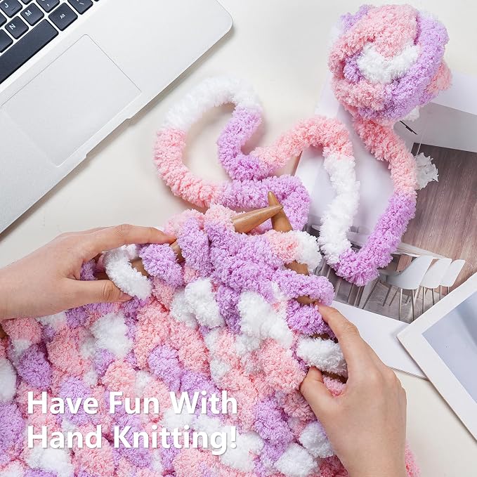 Cozyful Chunky Yarn for Hand Knitting - #10 Chunky Chenille Blanket Yarn, Jumbo Big Thick Chunky Yarns for Crocheting, Tie Dye Bulky Knit Yarns, 8 Skein (20 yds 8 oz Each Skein), Purple&Pink&White