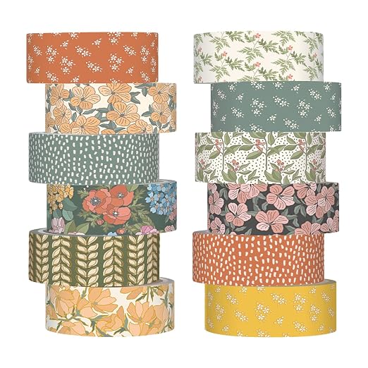 12 Rolls Floral Washi Tape Set,Warm Tones,Botanic | Watercolor Flowers Design for Scrapbook Journal DIY Craft School Supplies, 15 mm Vintage Decorative Masking Washi Tapes