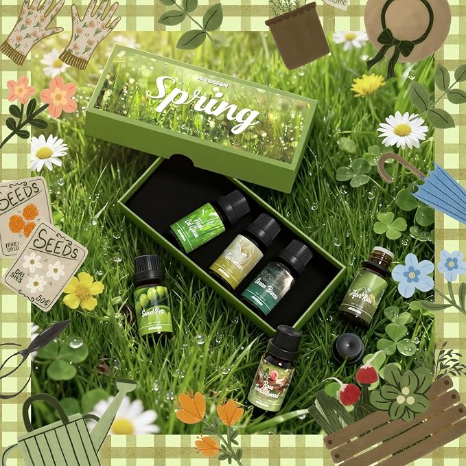 ARVIDSSON Spring Essential Oils Set, Natural Fragrance Oil for Diffuser - After Rain, Ocean Breeze, Fresh Cut Grass, Gardenia, Sweet Pea, Rose Sandalwood, Spring Scented Oil Gift Set