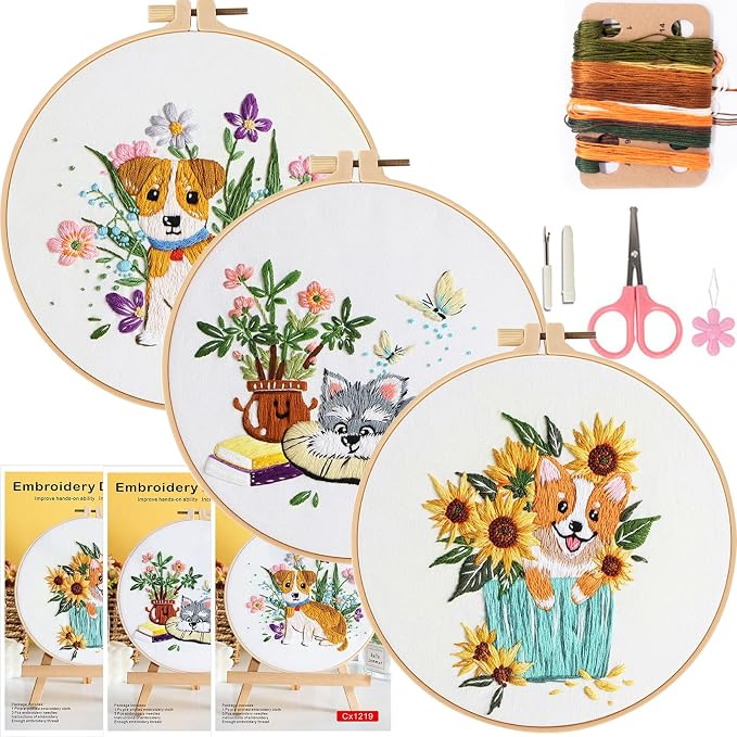 Embroidery Kit for Beginners, Dog Flower Pattern Embroidery Practice Kits | Hand Embroidery Kit, Easy to Follow Instruction and Video