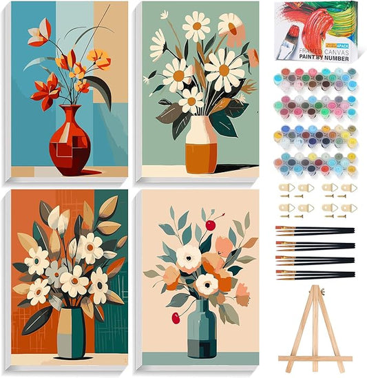 4 Pack Framed Paint by Numbers Kit for Adults with Wooden Easel, 8x12 Inch | Flowers Vase, Easy DIY Acrylic Canvas Craft Kit with Frame for Beginners, Home Decor, Stress Relief Relaxing Hobby Gift