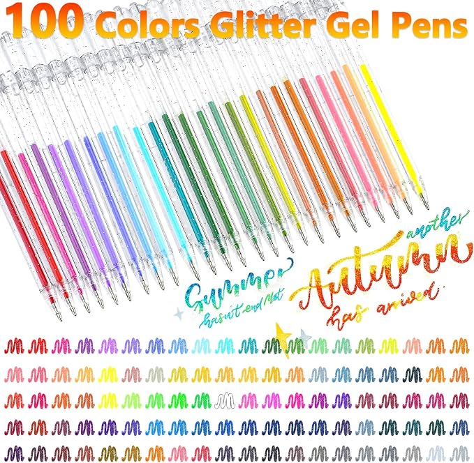 100 Colors Glitter Gel Pens, Colored Sparkle Metallic Gel Ink Pens, Coloring Pen Markers with Shimmer Effect for Adult Coloring Books, Journaling Supplies, Writing Drawing DIY Crafts Taking Office