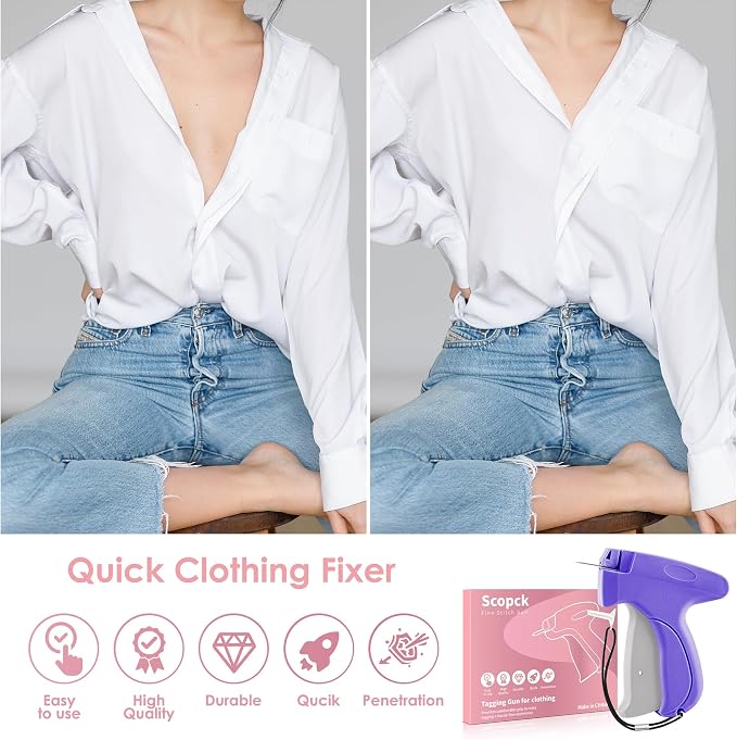 Stitch Gun for Clothes - Handheld Stitch Gun Quick Clothing Fixer - Mini Sewing Kit Micro Tagging Gun - Includes 6 Needle, 1000 Black Fasteners & 1000 White Fasteners
