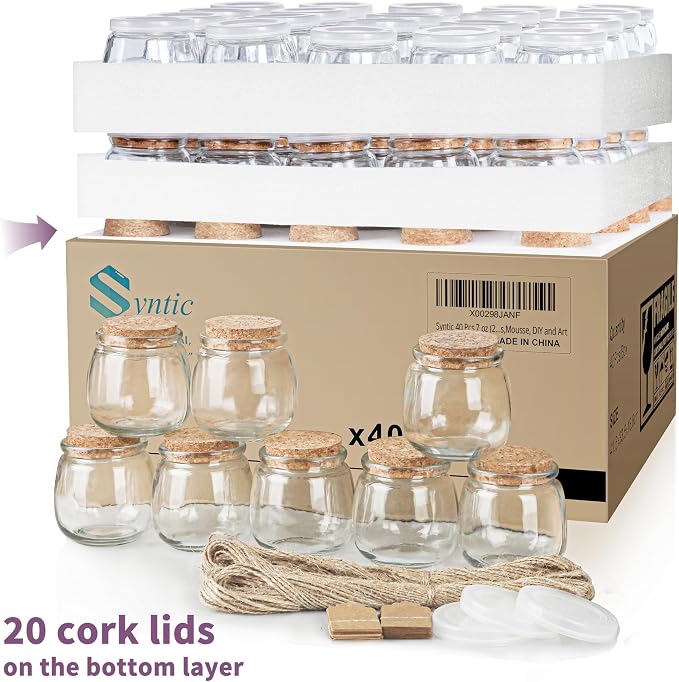 Syntic 40 Pack 7oz Small Glass Jars with Cork Lids,Mason Jars | PE Lids,Twine & Labels for Candle Making,Yogurt,Wedding Favors,Spice Storage,Dessert Cups,Party Decorations & DIY Crafts