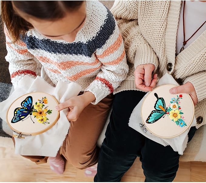 Santune 3 Pack Embroidery Kit for Beginners Adults Cross Stitch Kits with Butterfly Patterns and Instructions,DIY Hand Crafts with 1 Hoop,Threads and 6 Needles