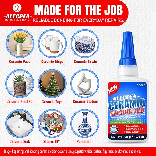 ALECPEA Ceramic Glue Repair, 30g Thick Porcelain Glue with 3 Precision Droppers