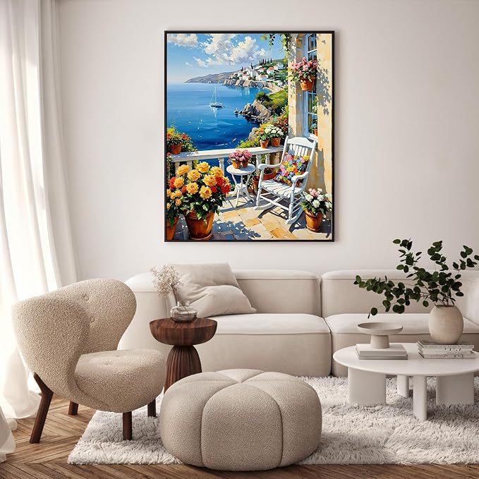 Paint by Numbers Kit for Adults, Coastal Balcony Painting, 16 x 20 Inch | DIY Adult Paint by Number Kit on Canvas for Beginners, without Frame, Seaside Landscape Wall Decor, Stress Relief Craft Gift
