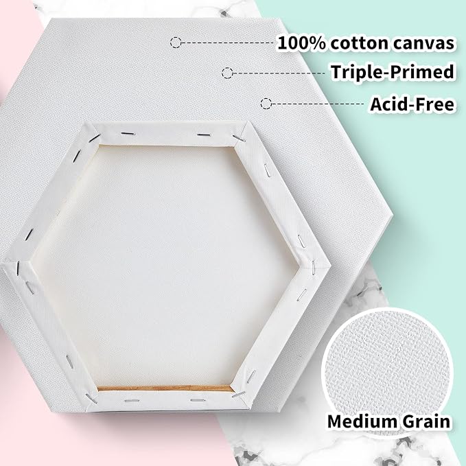Thenshop 24 Pieces Stretched Canvas for Painting Bulk Blank Canvas Board, Square Round Hexagon Heart Shaped Frame for Kids Art Supplies for Acrylic Pouring Oil Painting(Hexagon)