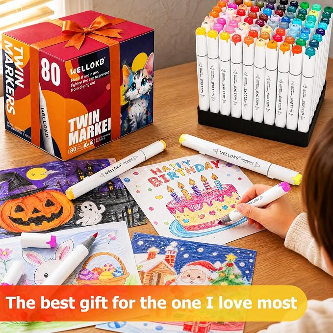WELLOKB Alcohol Markers, 80 Colors Dual Brush Tip Double Tipped Art Marker Set for Artist Adults Coloring Illustrations for Book Painting, Card Making