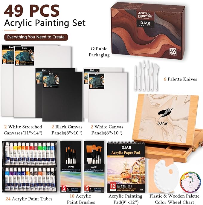 DJAR 49 Pcs Acrylic Paint Set with Tabletop Easel Box, 24 Colors | All-in-One Painting Kit with Sketchbook, Painting Pads & Palette, Complete Art Supplies Kit for Adults, Teens, and Beginners