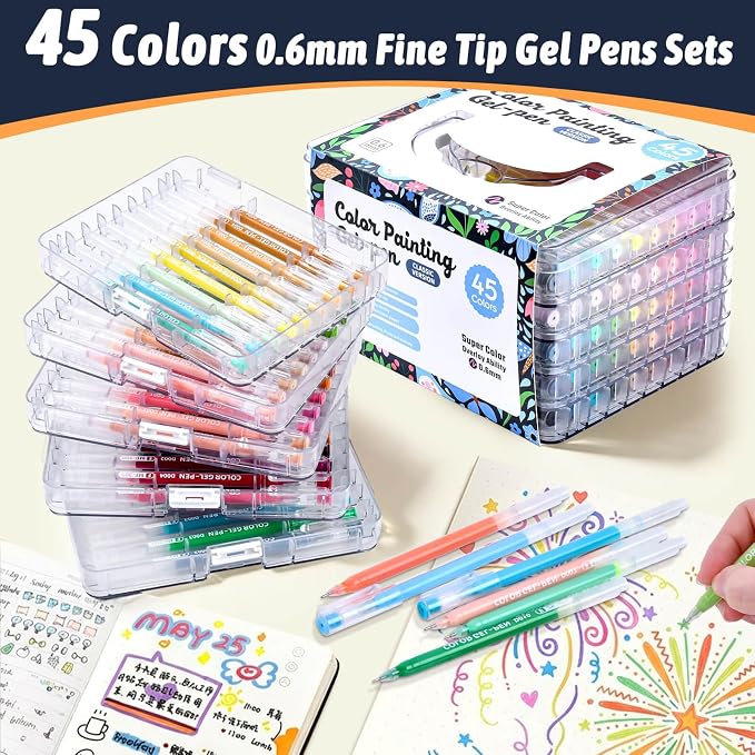 45 Colors Gel Pens for Coloring, Gel Pens Set for Adult Coloring Books No Bleeding, 0.6mm Fine Point Colored Pen Markers for Painting, Doodling, Illustrations, Writing, Art DIY Crafts