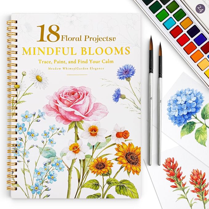 Watercolor Workbook for Beginners,18 Floral Water Coloring Book,Relaxing & Easy to Paint Water Coloring Book with 24 Colors-Perfect for Gifting to Creativity & Joy for Adults