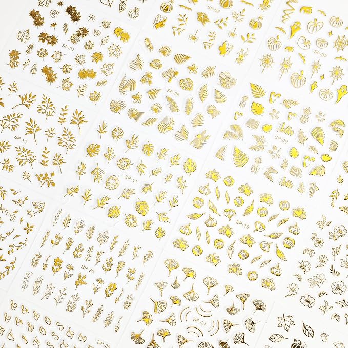 30 Sheets Fall Nail Art Stickers Gold Maple Leaf Nail Decals 3D Self-Adhesive Nails Supplies for Women Manicure Decorations