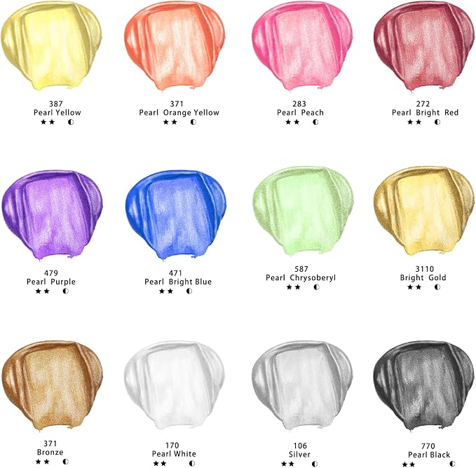 Artecho 12 Metallic Colors Acrylic Paint 59ml / 2oz Bottle | Semi Glossy Finish, High Pigment Rich Color Craft Paint for Canvas, Rocks, Wood, Fabric, Ceramic, Non-Toxic