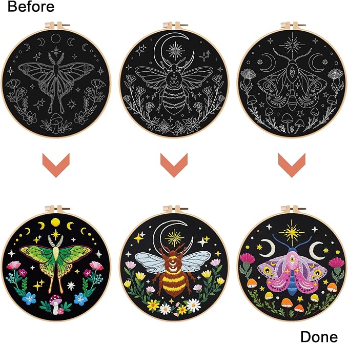 Nuberlic 3 Pack Embroidery Kit for Beginners, Moth and Bee Patterns