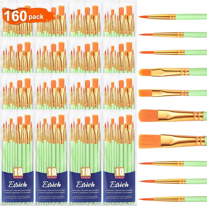ESRICH 160PCS Paint Brushes, Paint Brush for Acrylic Painting | Artist Paintbrushes for Oil Watercolor, Body Face Rock Canvas, Small Paint Brushes for Kids, Green