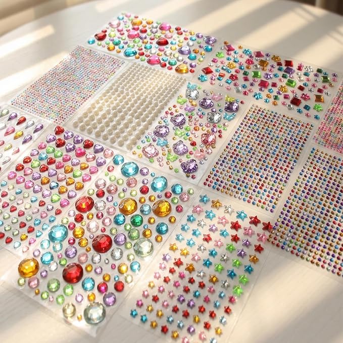 3521 Pieces Self Adhesive Jewels for Crafts, Gems Stickers for Kids, Flat Back Plastic Fake Jewels for Scrapbook Supplies and face gems