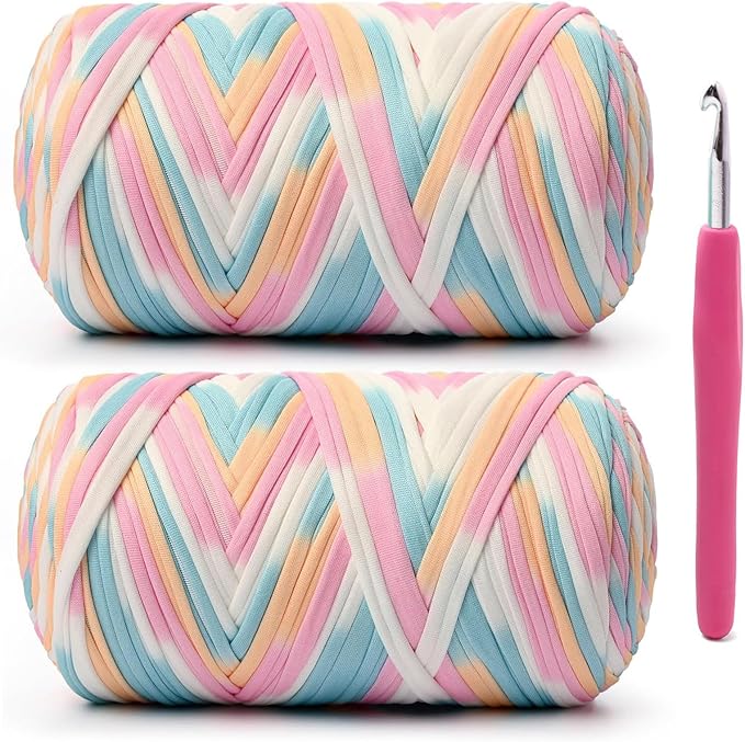 2 Pack Soft Tshirt Crochet Yarn, 800g/228yds High Elastic Hand Knitting Yarns, Thick T Shirt Yarn for Crocheting Bags, Baskets, Cushions, DIY Crafts(2 Candy Color)