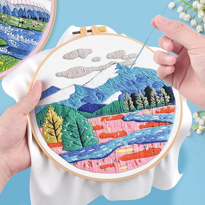 ERKOON 3 Sets Embroidery Kit, Floral Cross Stitch Set for Include Embroidery Cloth Hoops Threads for Craft Lover Hand Stitch (Landscapes)