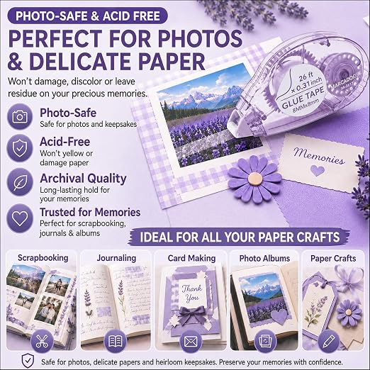 MARCADORUS Glue Tape for Scrapbooking, Double Sided Tape Roller 106Ft Total | 4-Pack_26Ft x 0.31In Tape Runner, Adhesive for Photos, Card Making, Paper Crafts, School, Journaling & Scrapbooking Supplies