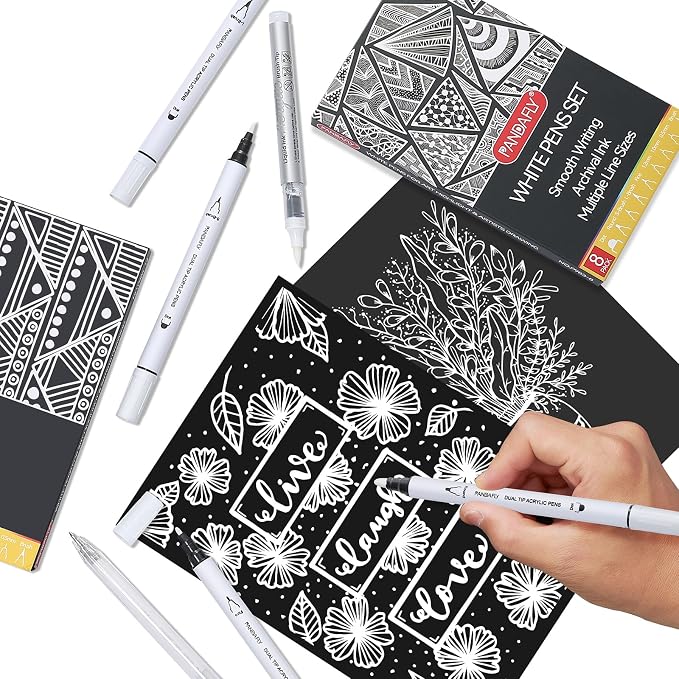 PANDAFLY 8 Pack White Pens Set, White Gel Pens, Dual-Tip Acrylic Paint Pens