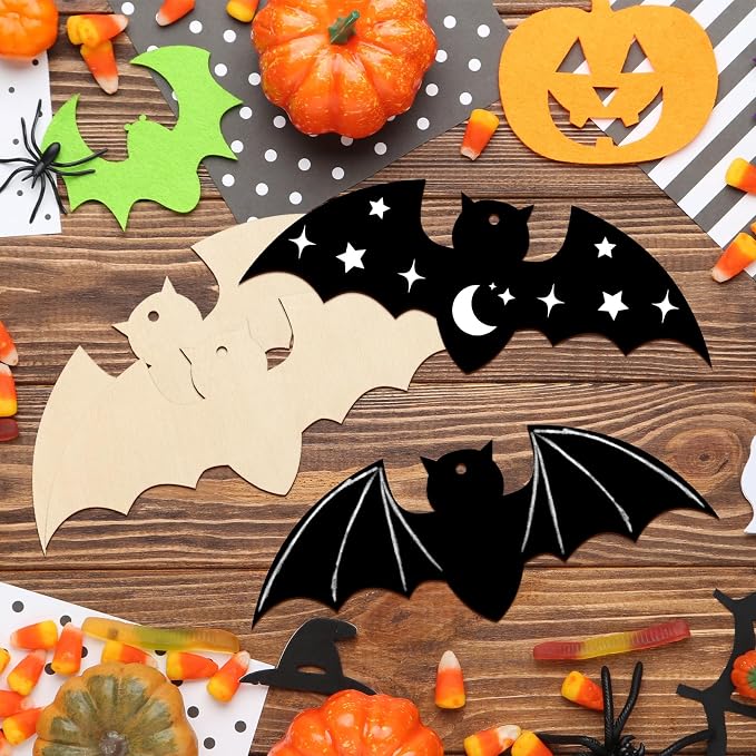 Large Size 7inch Wooden Halloween Ornaments to Paint,Bat Cutouts Unfinished DIY Blank Unfinished Pumpkin Wood Discs Ornament for Crafts Hanging Autumn Decorations 10PCS