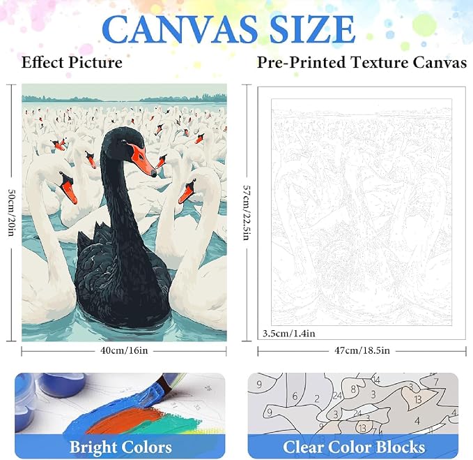 ZRIZQ Paint by Numbers Kit for Adults Beginner Swan,Animal,16x20 | Full set with wooden brushes,rolled canvas,rich paints.Calming activity.Beginner friendly.Just open and paint.