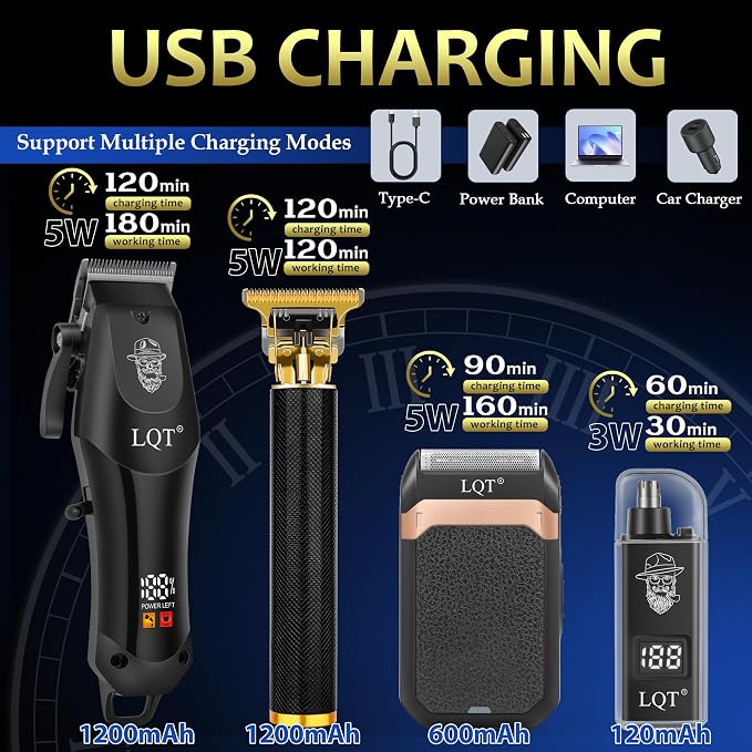 Hair Clippers for Men with LED Display, 4-Piece Cordless Grooming Kit with Hair Clipper, Beard Trimmer, Foil Shaver & Nose Trimmer, Complete Set for Home Barber