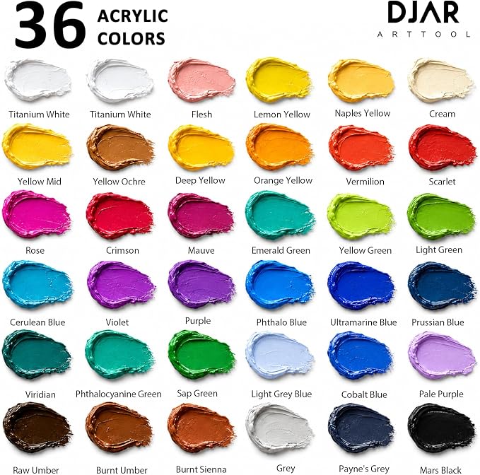 DJAR 36 Colors Acrylic Paint Set for Artists Beginners, 2 fl oz/60ml | Rich Pigments Colors Painting Supplies, Waterproof & Fast Dry, Works on Canvas, Rocks, Wood, Ceramic & Fabric, Safe Non-Toxic