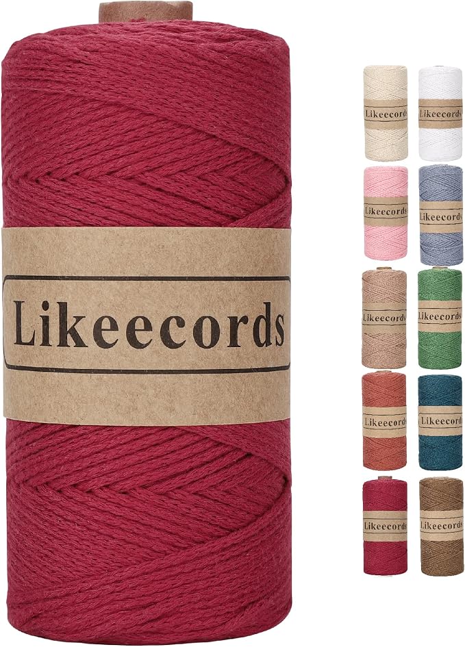 Likeecords 100% Cotton Crochet Bag Cord 2mm 170m Macrame Cord 2mm Crochet Thread Macrame Rope Gift for Knitter (Dark Red)