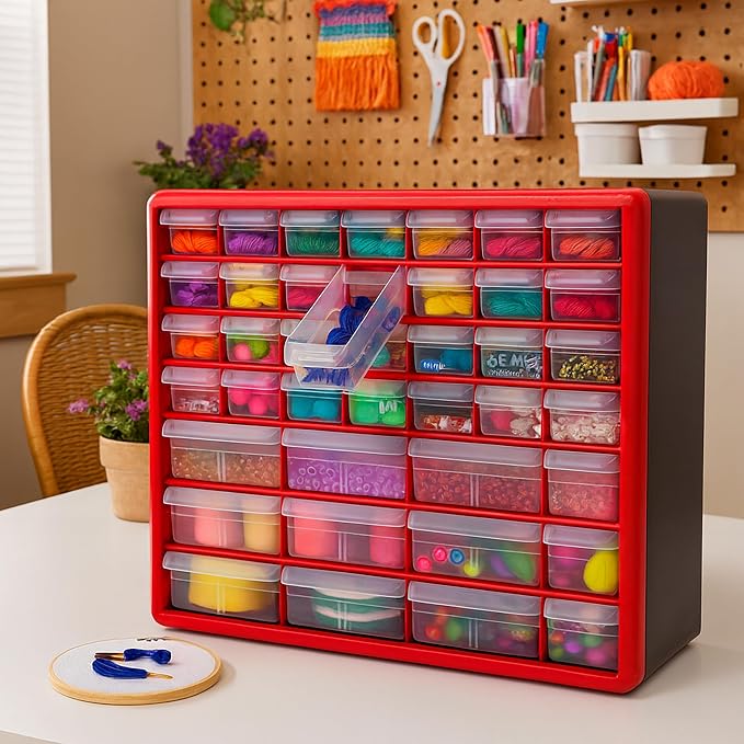 Akro-Mils 44-Drawer Plastic Storage Cabinet, 20" W x 6" D x 16" H, Red | Plastic Cabinet w/ Drawers for Garage Organization, Beads, Building Bricks Storage, Teacher Toolbox, Makeup Organizer, 10144