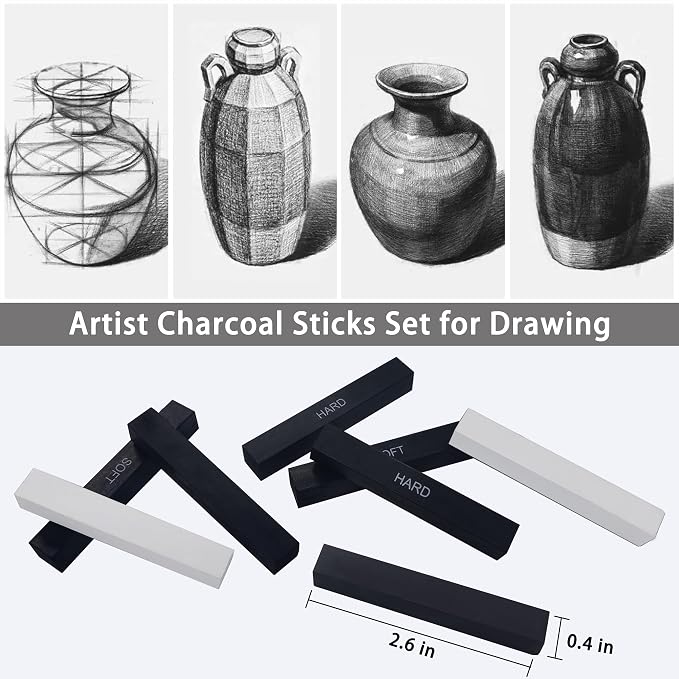 24 Pcs Compressed Charcoal Sticks with Soft, Medium, Hard and White Charcoal, Square Charcoal Stick Kit for Drawing, Sketching and Shading (12 Black and 12 White)