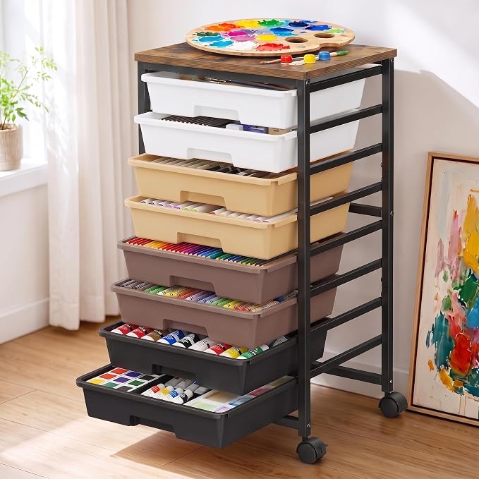 Pipishell Rolling Cart with 5 Drawers, Craft Storage Cart, Khaki Gradient