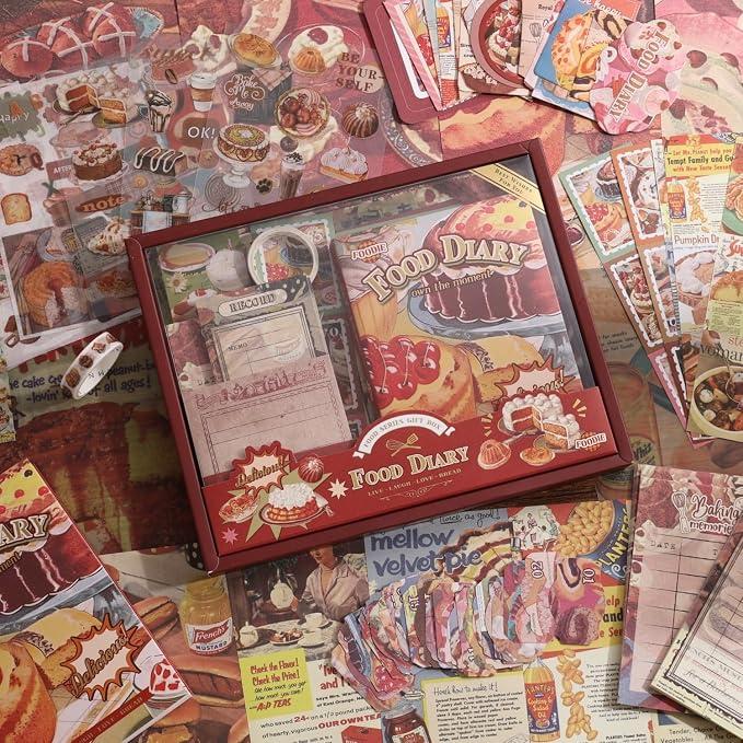 Scrapbooking Supplies Kit, Vintage Culinary Aesthetic Scrapbook Kit for Bullet Junk Journal, Gourmet DIY Journaling Supplies with Recipe, Dessert, Kitchen, Cafe Elements, Unique Gift for Teens & Women