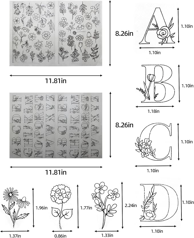 102pcs Water Soluble Hand Sewing Stabilizers，Embroidery Stick and Stitch Embroidery Paper Wash Away Stabilizers，for Embroidery Stabilizers Flower Patterns，for Hand Sewing Lover Beginners.letter&Flower
