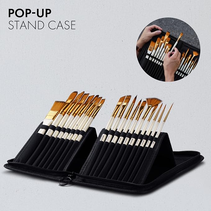 21 Piece Paint Brush Set, ARTIFY 18 Acrylic Paint Brushes, Palette Knife, and 2 Sponges, Professional Artist Paint Brushes for Acrylics, Watercolors, Gouache, Canvas, and Face Painting, Yellow