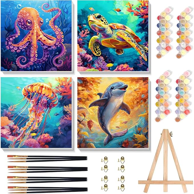 Arttoplus 4 Pack Paint by Numbers Kit for Kids with Frame Sea Animal 8x8in | Sea Animals Kids Paint by Numbers Ages 4-8-12 with Wooden Easel, Easy Oil Painting by Number for Gift Home Wall Decor