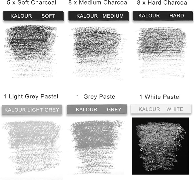 KALOUR 24 Pro Charcoal Drawing Set - Soft,Medium,Hard Charcoal and White - Charcoal Sticks for Drawing Sketching Shading - Art Supplies Gift for Artists Beginners Adults