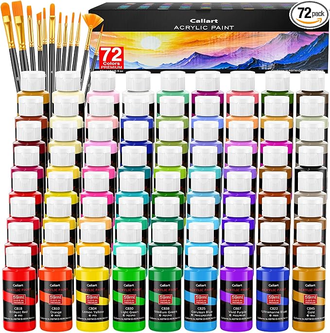 Caliart 72 Colors Acrylic Paint Set with 12 Brushes | Craft Painting kit for Adults Artists Beginners, Rich Pigment Non-toxic, Canvas Wood Rock Pumpkin Ceramic Art Supplies Paint