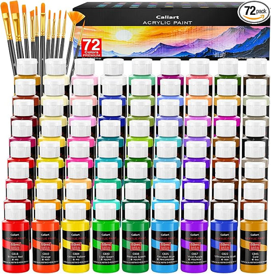 Caliart 72 Colors Acrylic Paint Set with 12 Brushes | Craft Painting kit for Adults Artists Beginners, Rich Pigment Non-toxic, Canvas Wood Rock Pumpkin Ceramic Art Supplies Paint