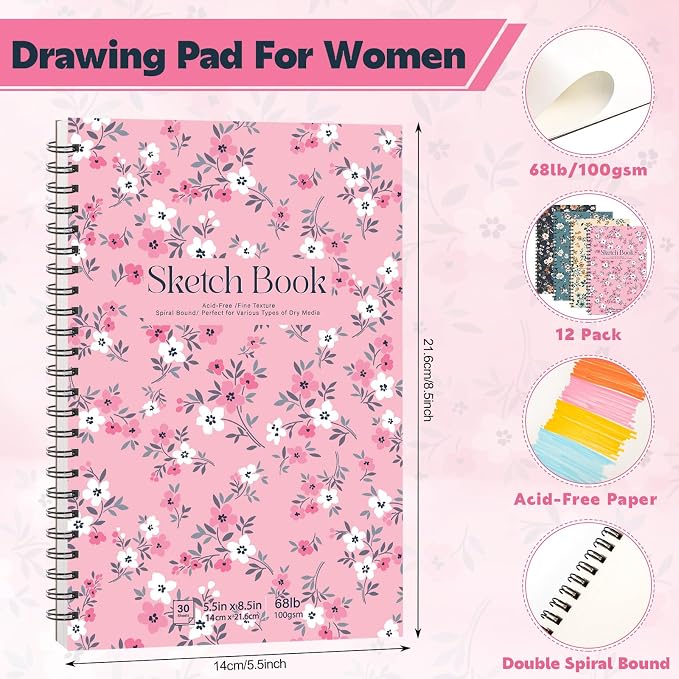 12 Pack Sketch Books 5.5 × 8.5 in, Top Spiral, 30 Sheets, Acid Free | 100gsm Paper, Hardcover Backboard, Lay-Flat Top Spiral, for Pencil, Ink & Charcoal