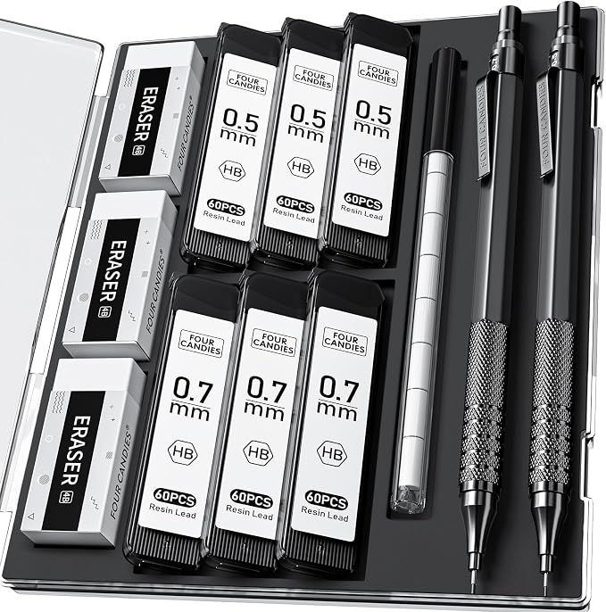 Four Candies 2PCS 0.5mm & 0.7 mm Metal Mechanical Pencils Set, 360PCS Lead Refills, 12 Erasers, Cool Lead Pencil with Case for School Writing, Sketching, Technical Work, Art Projects, Black